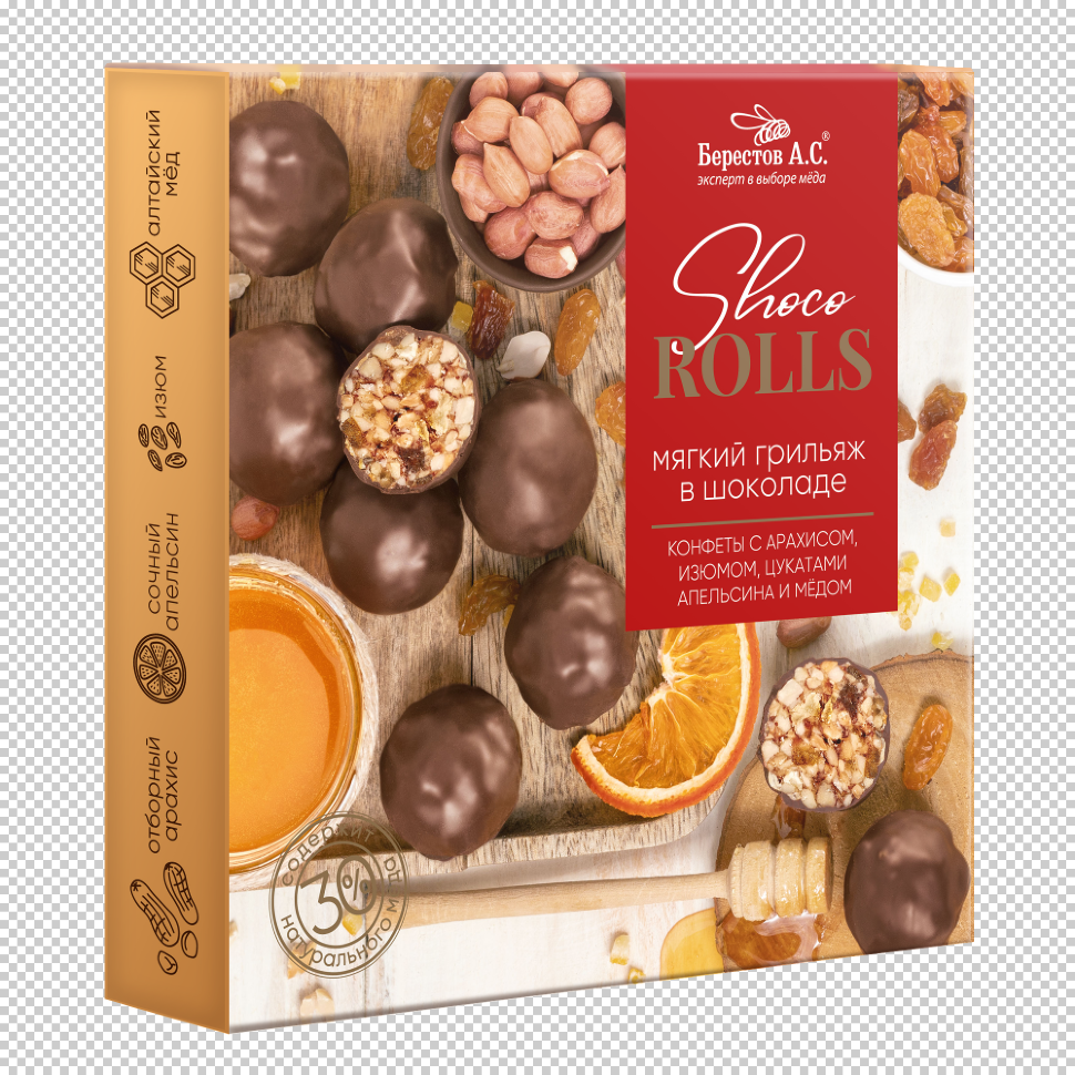  Берестов Shoco Rolls конфеты с арахисом, изюмом, цукатами апельсина и медом,  135г в Выборге